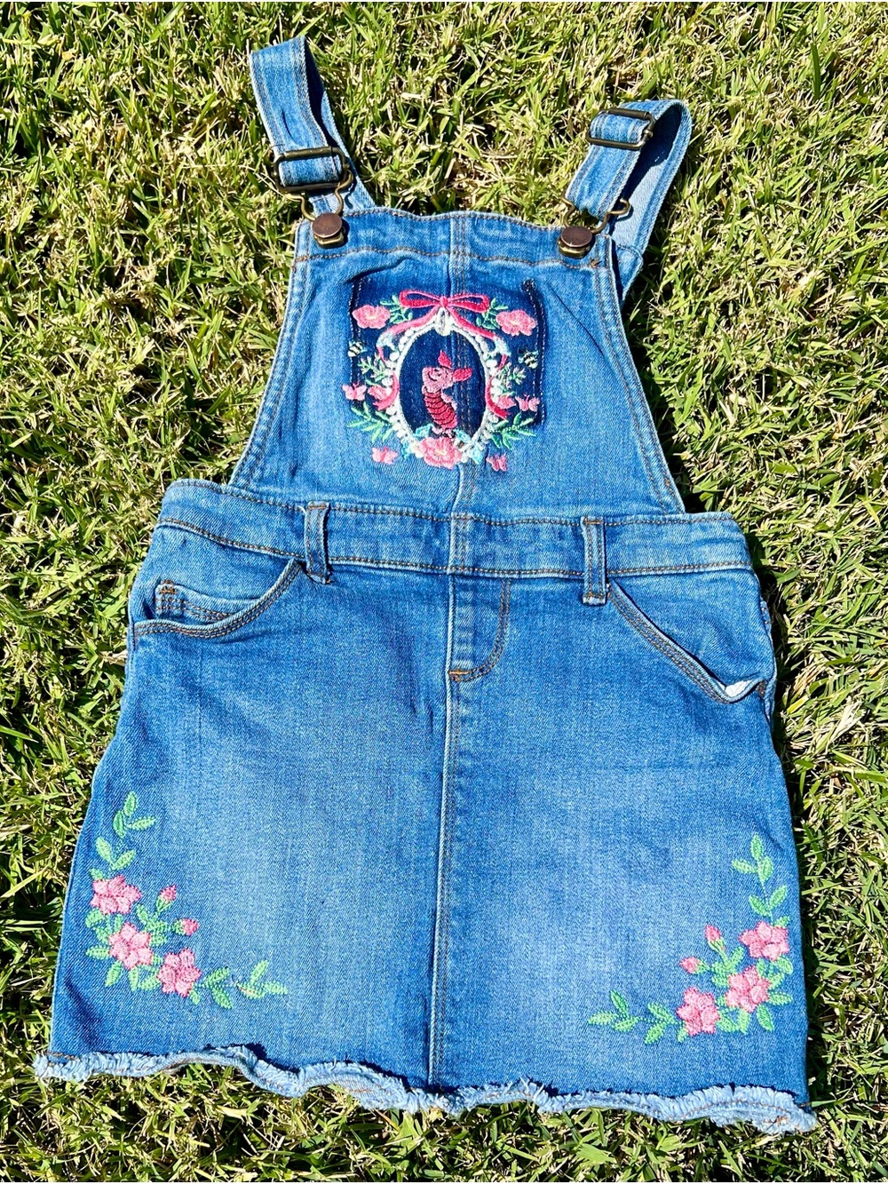 Denim Embroidered Overall Skirt with Floral Detail
